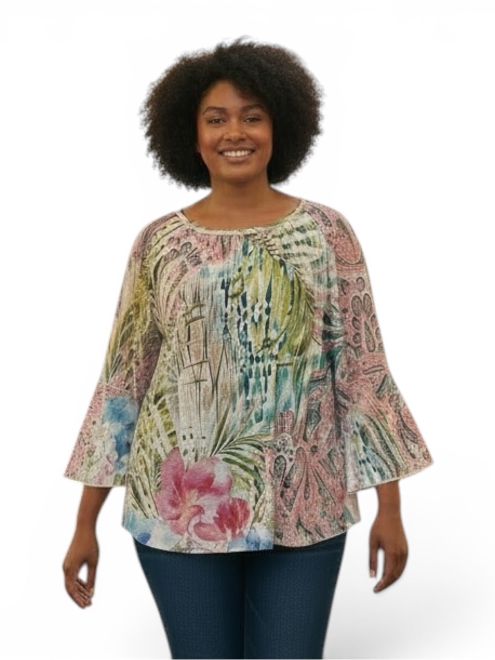 Chicos Tunic Top Size 3 XL Multicolor Abstract Floral Tropical 3/4 Bell Sleeve